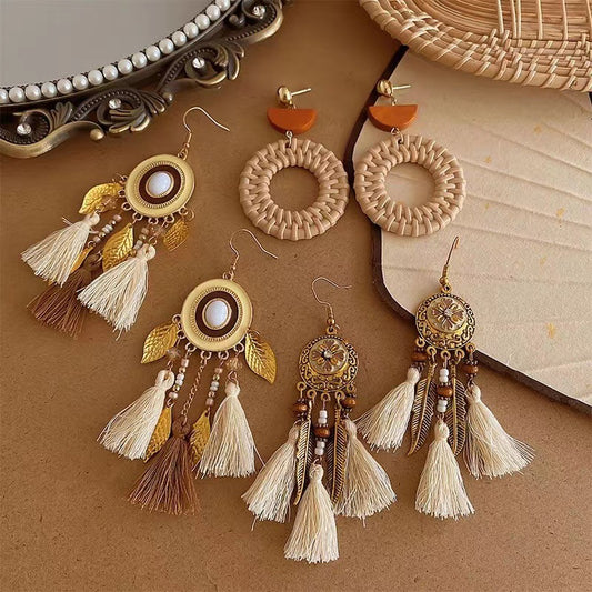 Feather Bead Tassel Niche Retro Vacation Earrings