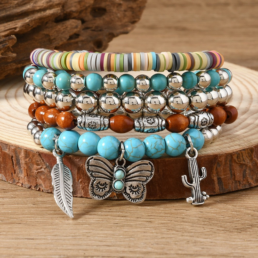 Wooden Bead Leather Rope Twin Ethnic Bracelet