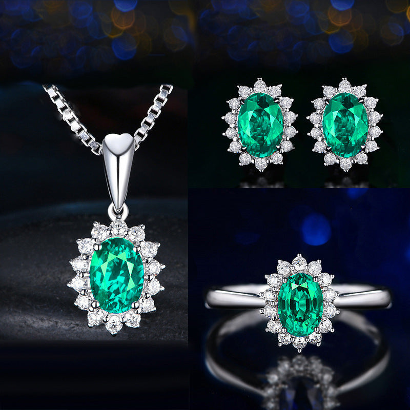 Live Broadcast Three-piece Colored Gems Ear Combination Personality Necklaces