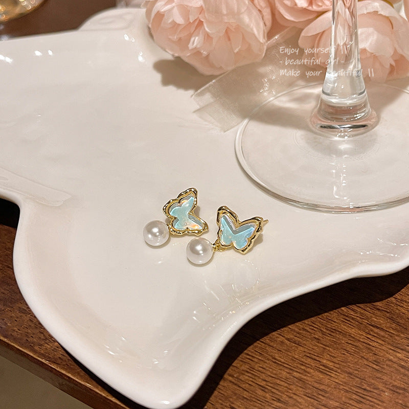 Women's Needle Blue Ocean Butterfly For Light Luxury Minority High-grade Pearl Stud Earrings