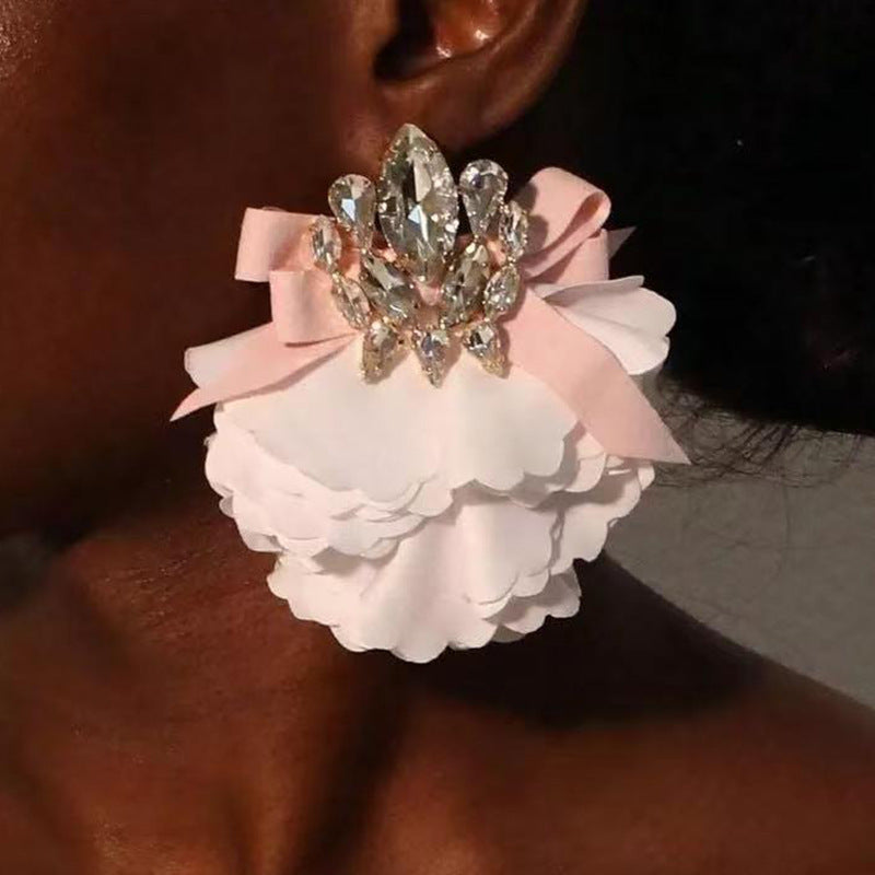 Handmade Fabric Crystal Flower Fashion Exaggerating Eardrops Earrings