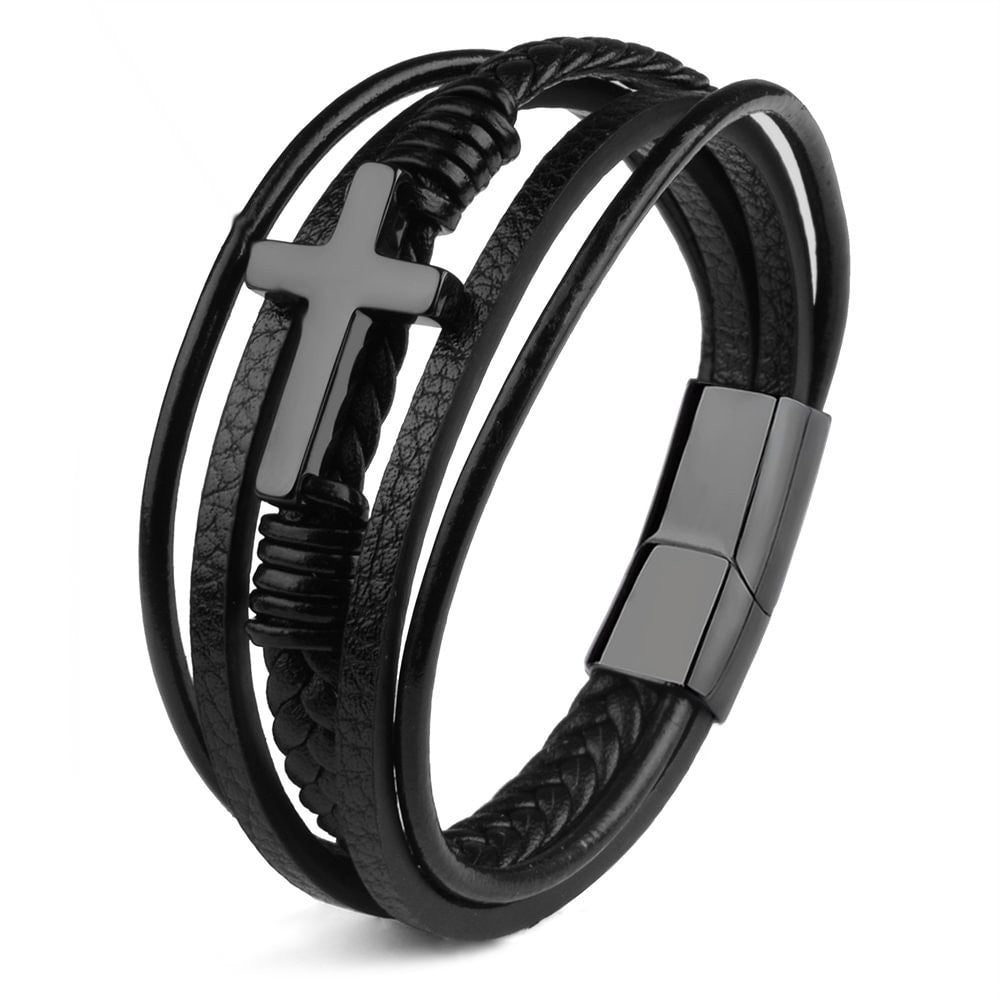 Men's Cross Leather Handmade Braided Rope Magnetic Bracelet