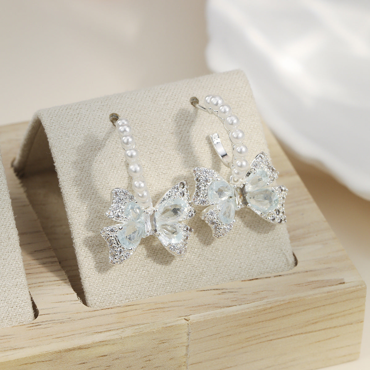 Elegant Blooming Bow Light Smart Ocean Blue Zircon Delicate Sier Earrings