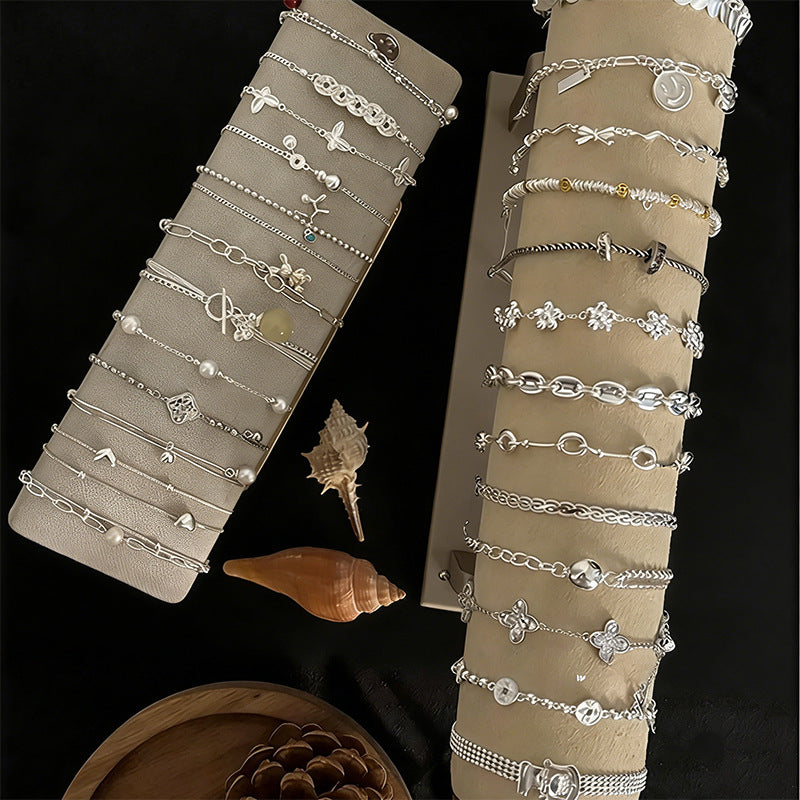 Women's Exquisite Sterling Sier Snake Bones Chain Ball Stitching Asymmetric Light Bracelet