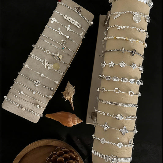 Women's Exquisite Sterling Sier Snake Bones Chain Ball Stitching Asymmetric Light Bracelet