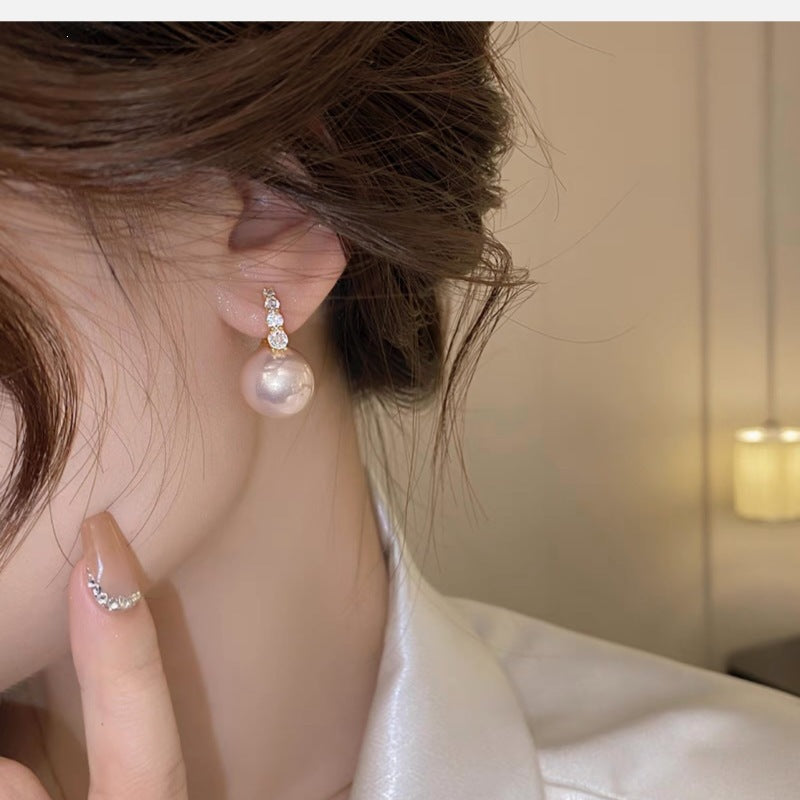 French Style Rhinestone Pink Pearl Ear Clip Elegant High-grade Exquisite Earrings