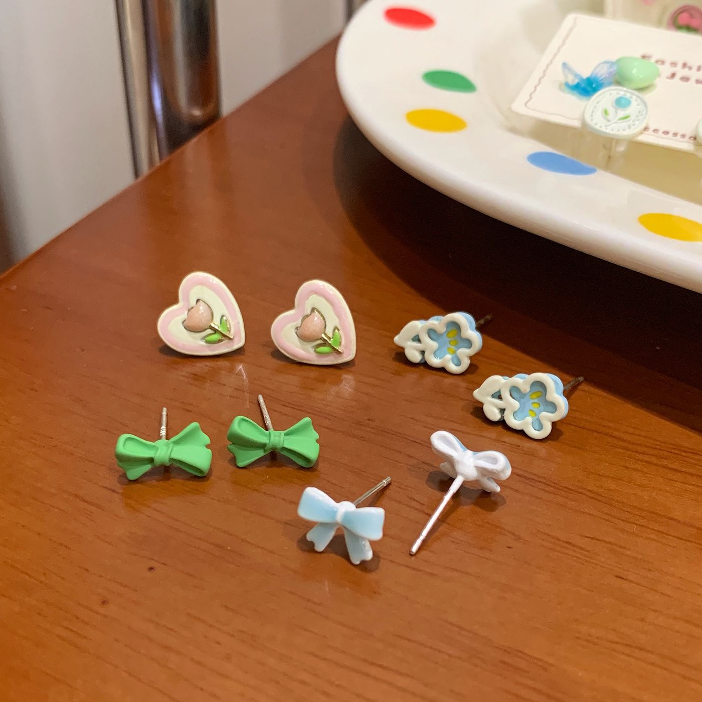 Dopamine Cartoon Heart-shaped Bow Flower Earings Female Sweet Cute Stud Earrings