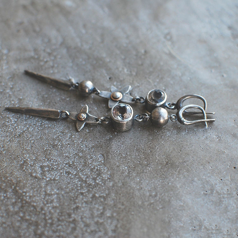 Geometric Ancient Sier-plated Long Rhinestone Tassel Retro Ear Hook