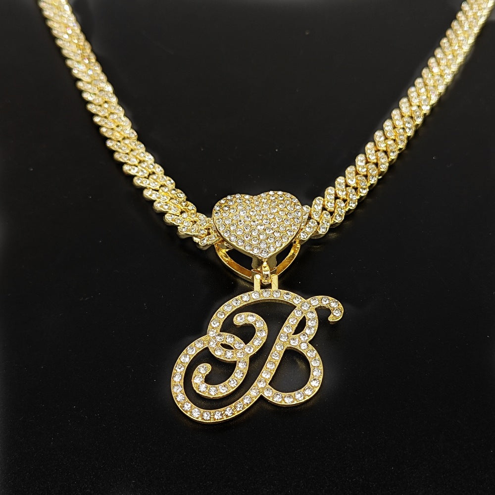 English Letters Love Heart Buckle Fashion Diamond Cuban Link Necklaces