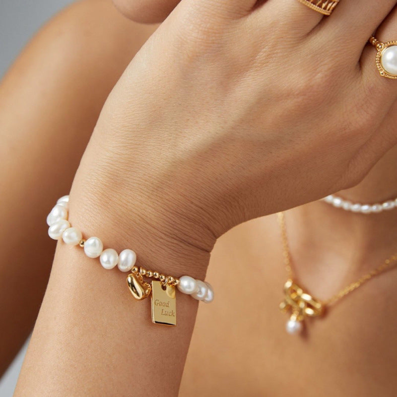Retro Fashion Pearl Lucky Square Plate Heart Bracelet