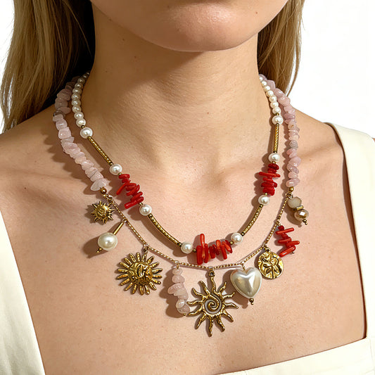 Women's Stone Gravel Vintage Stainless Steel Sun Necklaces
