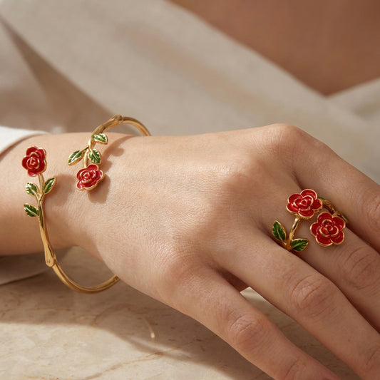 French Romantic Oil Dripping Red Rose Flower Design Light Luxury Bracelets