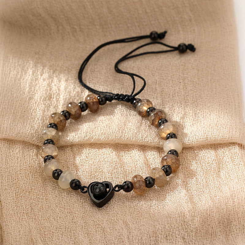 Stone Beaded Heart-shaped Stainless Steel Couple Confession Hd Projection Customizable Bracelet