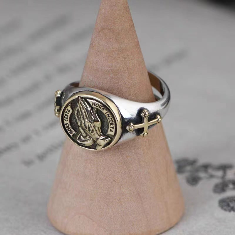 Men's Sier Personality Retro Praying Hands Open Blessing Ring