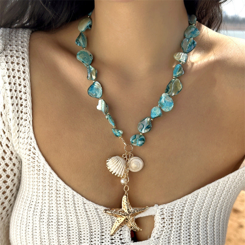 Women's Starfish Shell Beaded Imitation Pearl Layered Thick Necklaces