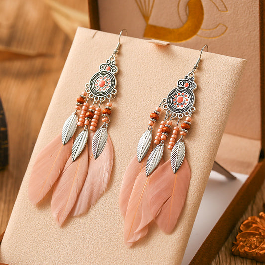 Feather Round Drop Oil Craft Retro Ethnic Earrings