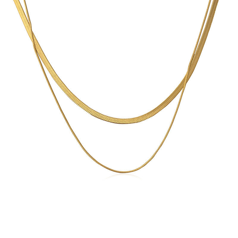 Fashion Retro Double Layer Snake Bone Twin Titanium Steel Bag Necklace