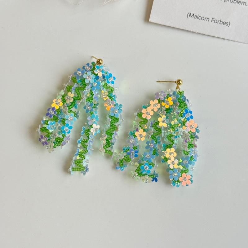 Imported Laser Flower Handmade Ear Clip Beaded Combination Earrings