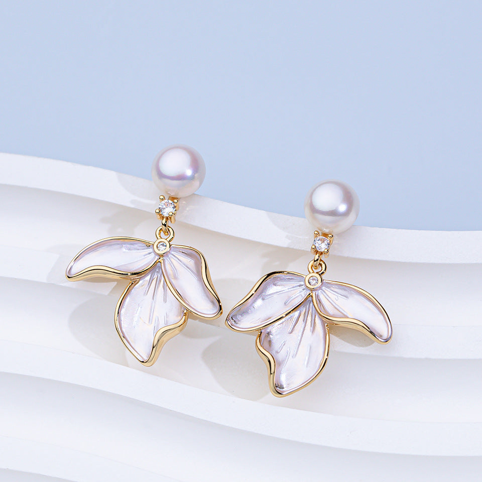 Natural Freshwater Pearl Ear Sterling Sier Needle Lily Eardrops Stud Earrings