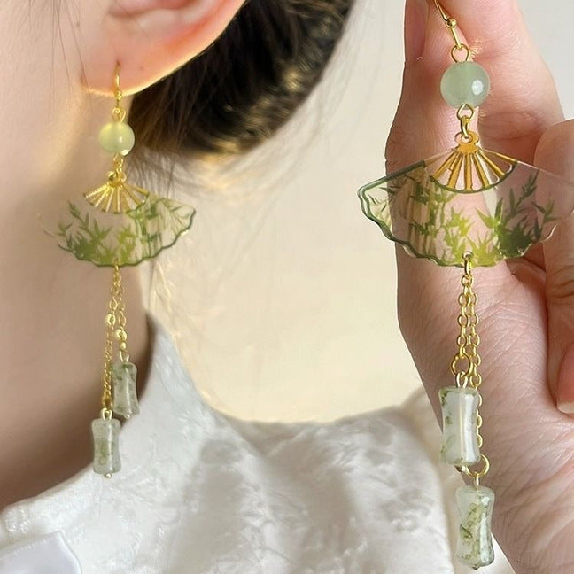Green Bamboo National Transparent Female Niche Earrings