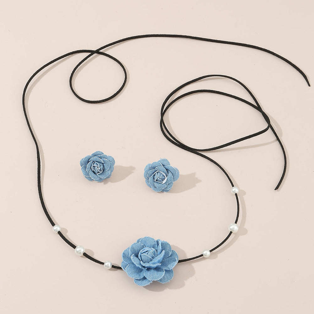 Women's Denim Camellia Beaded Suite French Minority Necklace