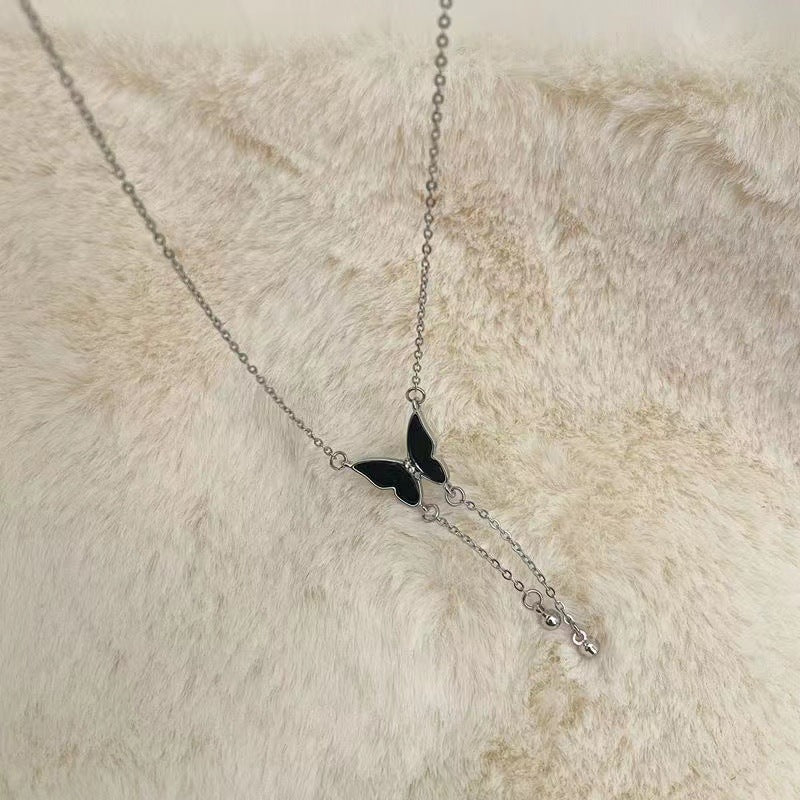 Cabbage Black Tassel Butterfly Sweater Light Luxury Minority Clavicle Chain Necklace