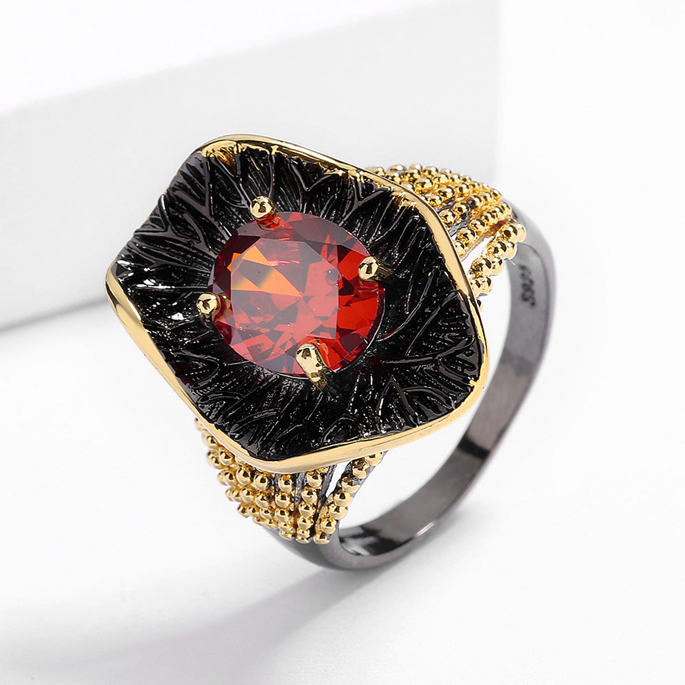 Irregular Black Gold Red Zircon Bohemian Ring