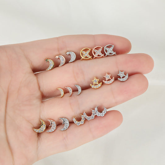 Fashion Lady Micro Inlaid Zircon Rose Gold Plating Star Moon Stud Earrings