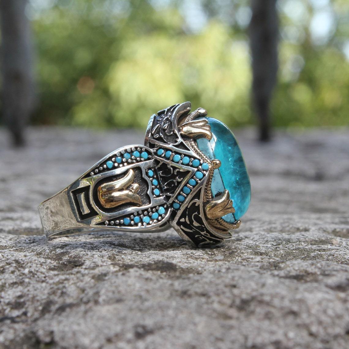 Blue With Carve Patterns Gemstone Two-tone Ring