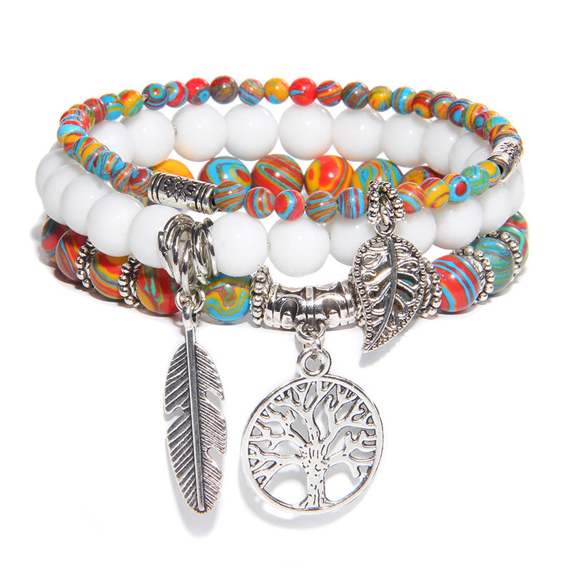 Women's Stone Bead Three-piece Tree Of Life Feather Vintage Bracelets