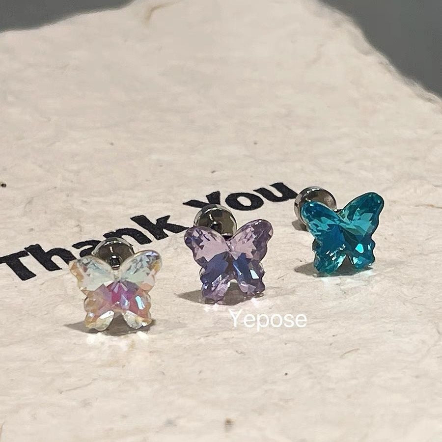 Polarized Butterfly Zircon Ear Bone Flat Bottom Pin Titanium Steel Stud Earrings