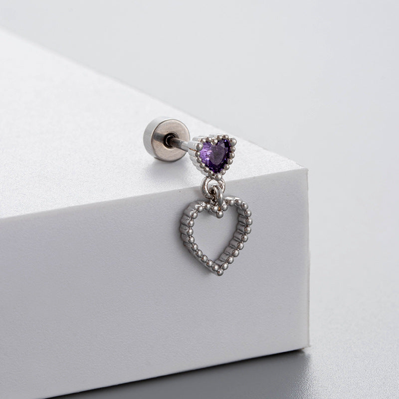 Steel Ear Bone Purple Heart-shaped Zircon Butterfly Screw High-grade Niche Rings