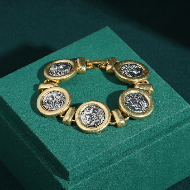 Vintage Summer Antique Coin Avatar Wide Distressed Diamond Copper Plated Bracelets