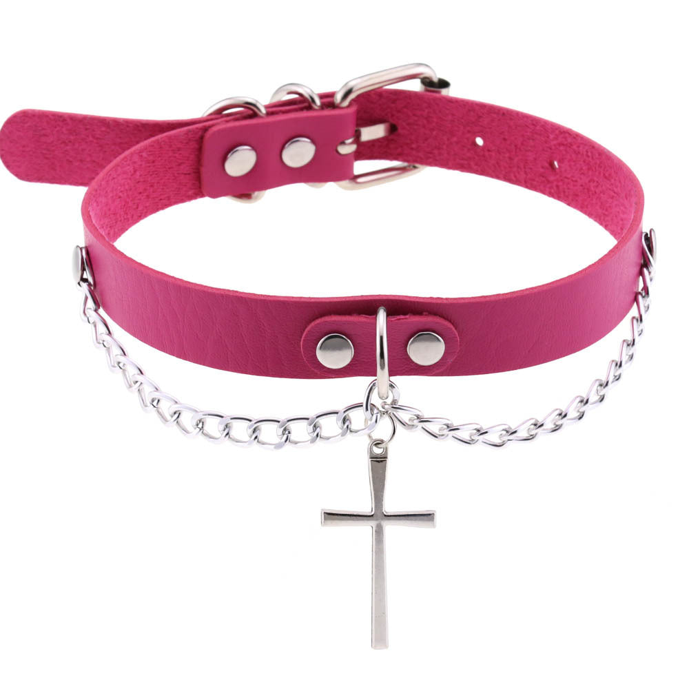 Leather Chain Cross Clavicle Classic Neckband Collar