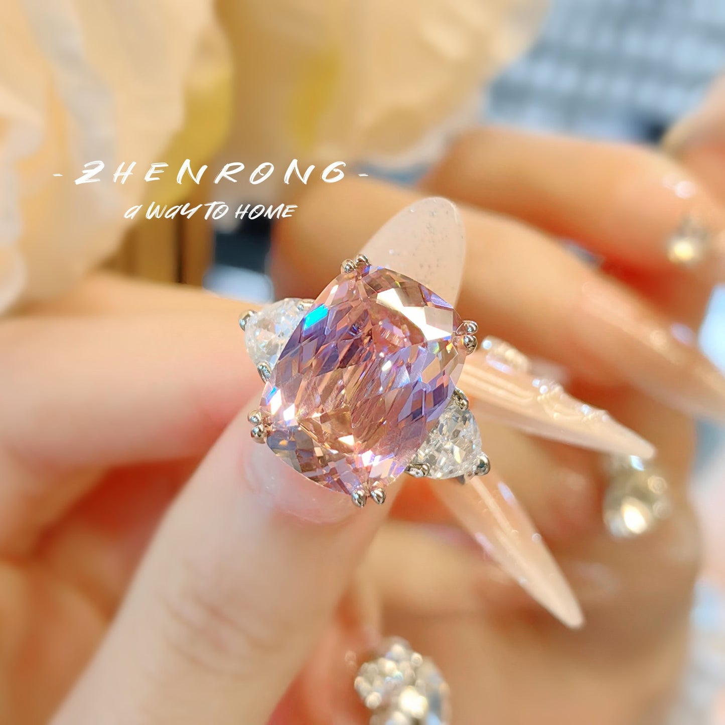 Super Shiny Luxurious Cut Long Pillow-shaped Pink Zircon Rings