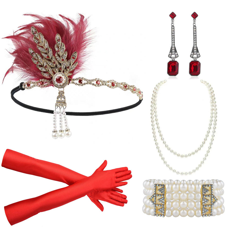 Red Feather Hair Band Masquerade Single Jewelry Set