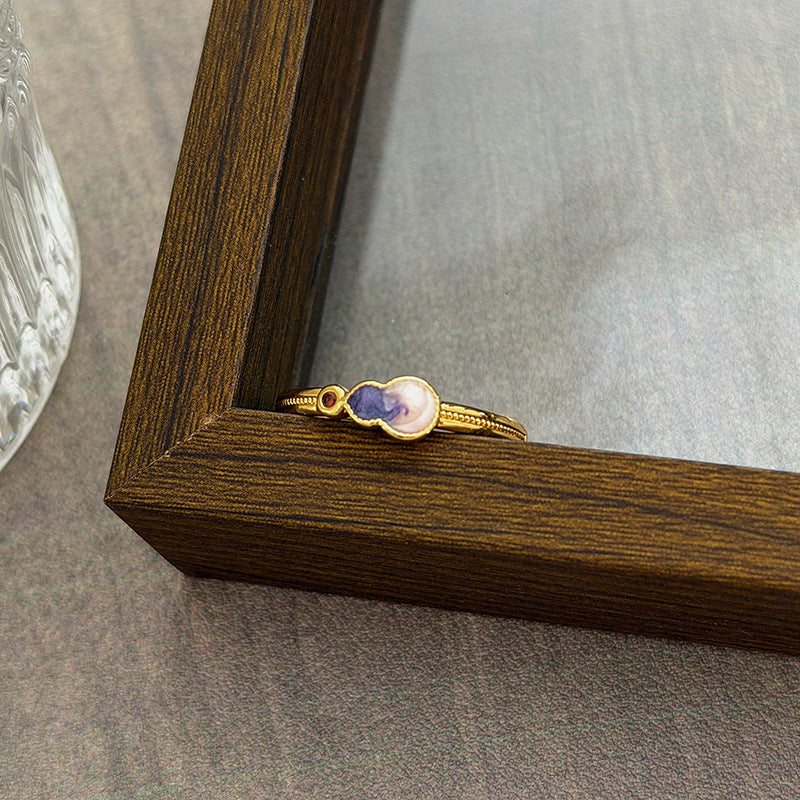 Luxury Retro Flower Auspicious Cloud Purple Enamel Open Niche Twin Rings