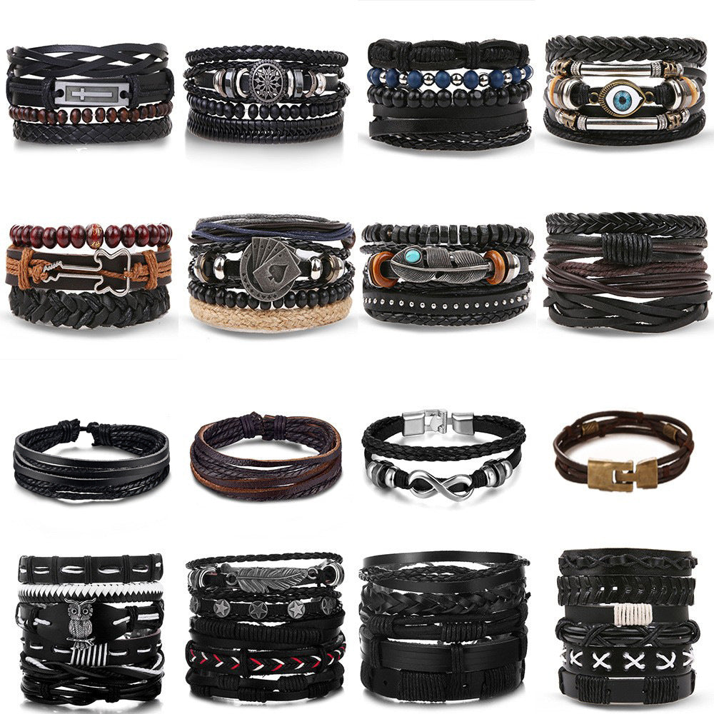Men's Fashion Hollow Triangle Leather Bangles Multilayer Bracelet