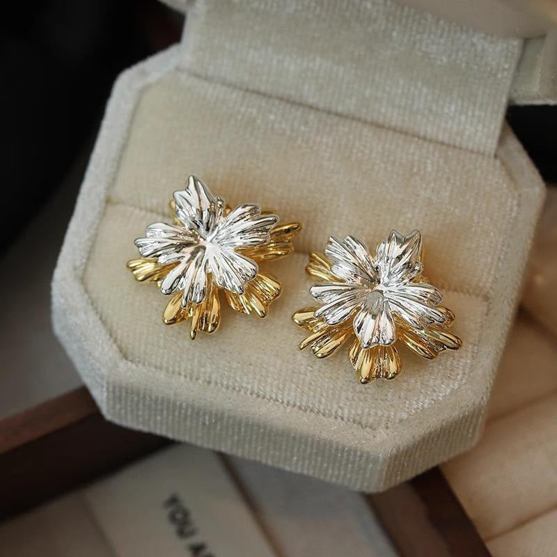 Women's Gold Sier Contrast Color Metal Flower Fashionable Unique Design Versatile Earrings