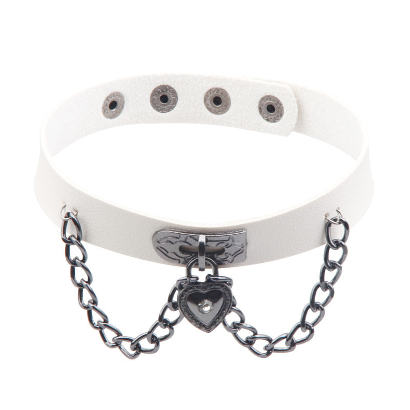 Dark Punk Heart Leather Chain Neck Band Peach Style Collar