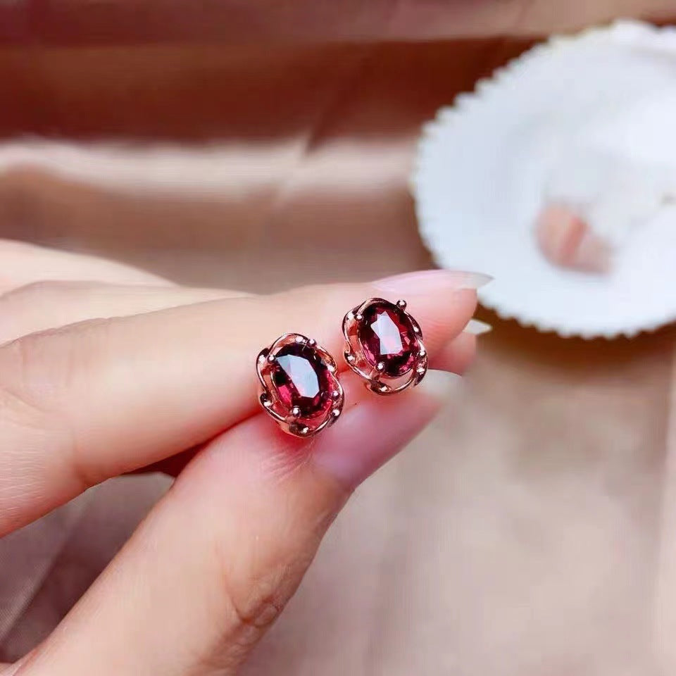 Women's Simple Fresh Simulation Red Garnet Sea Blue Topaz Colored Earrings