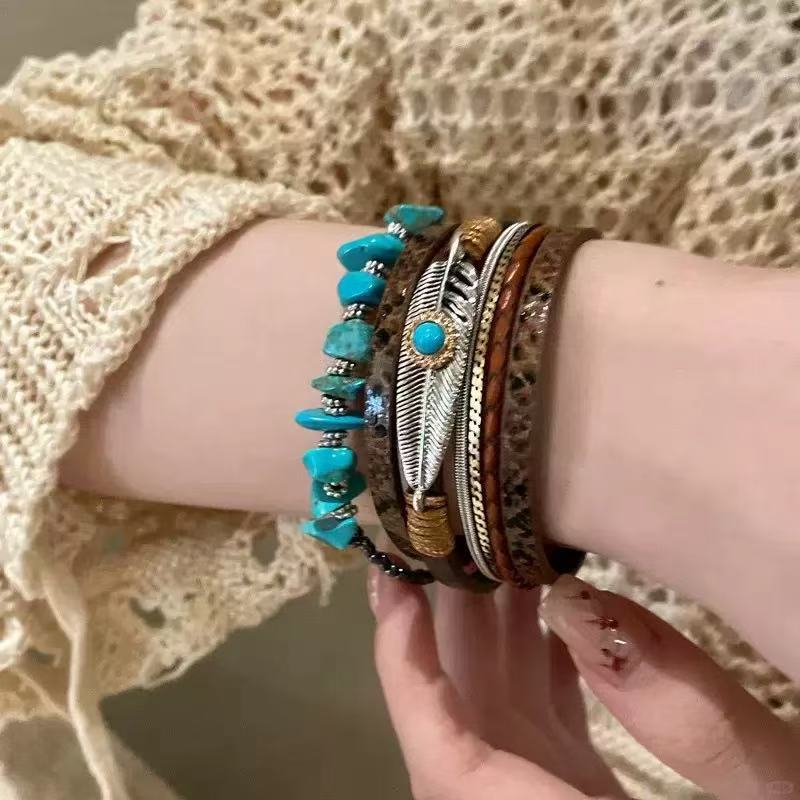 Women's Bohemian Style Gravel Feather Leather For Bracelet