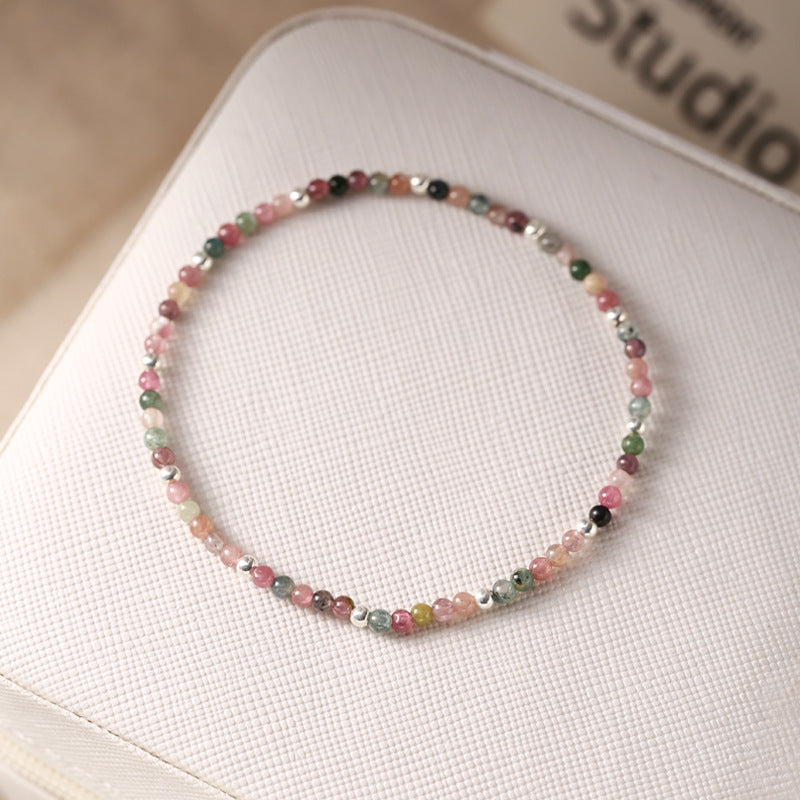 Women's Sterling Sier Color Tourmaline Sliver Beads Simple Chinese Design Bracelet