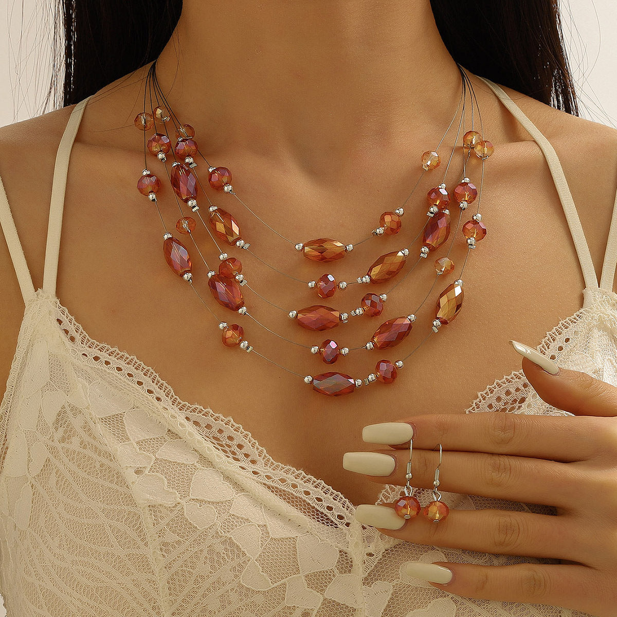 Women's Fashion Style Korean Love Pink Beaded Simple Graceful Jewelry Set