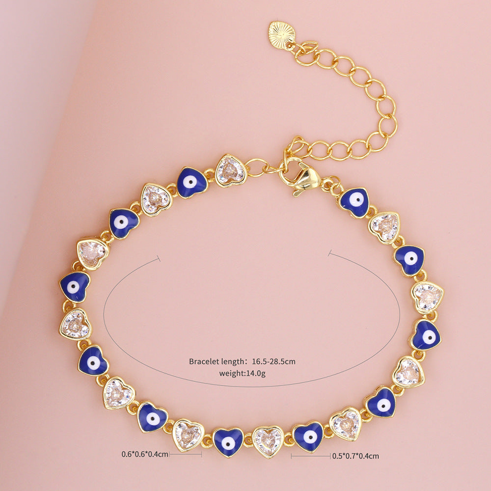 Heart-shaped Devil's Eye Zircon Micro Inlaid Electroplated Dripping Oil Fashion Bracelet