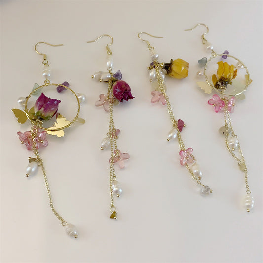 Natural Rose Real Flower Super Fairy Mori Style Earrings