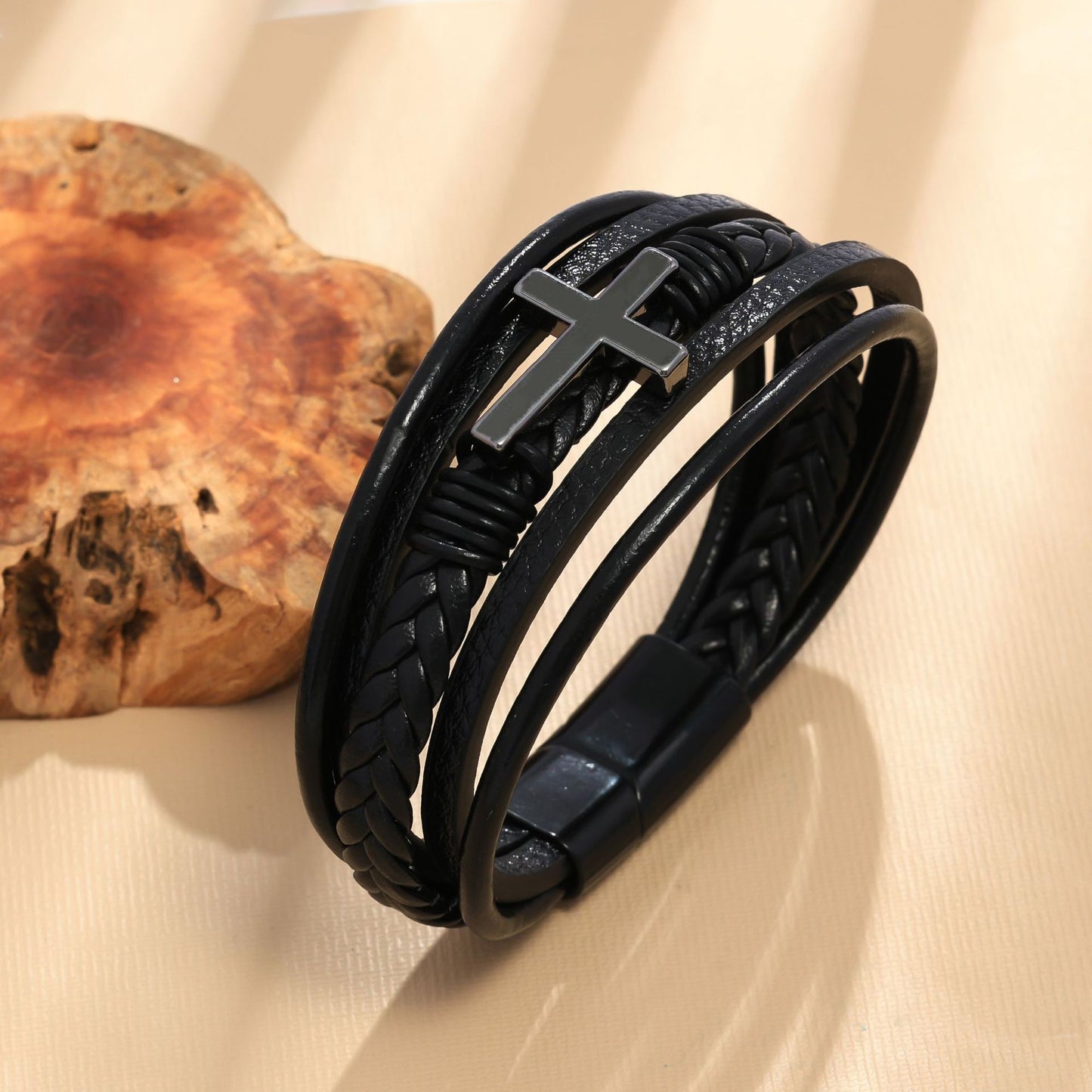Men's Cross Leather Handmade Braided Rope Magnetic Bracelet