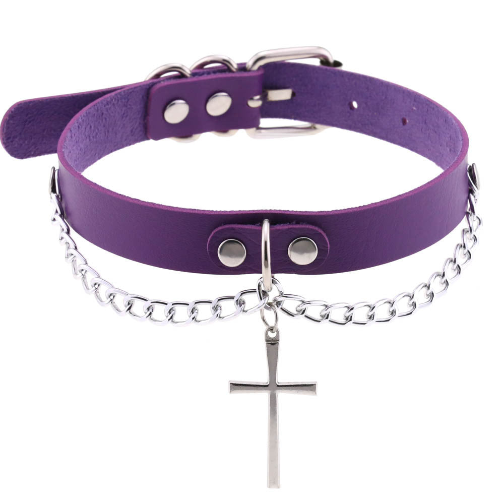 Leather Chain Cross Clavicle Classic Neckband Collar