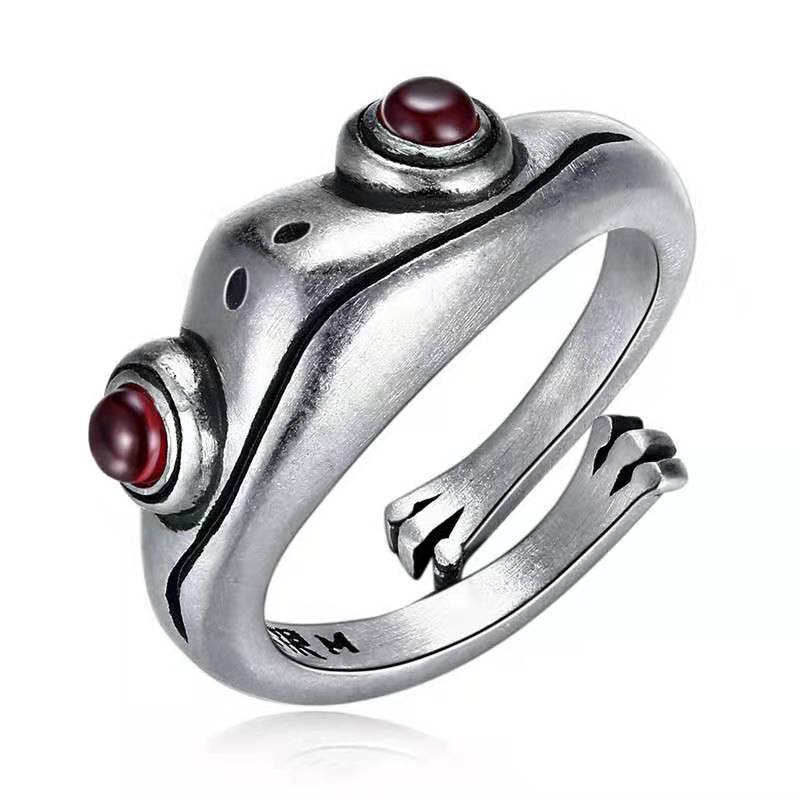 Vintage Frog Thai Sier Distressed Simple Garnet Creative Rings