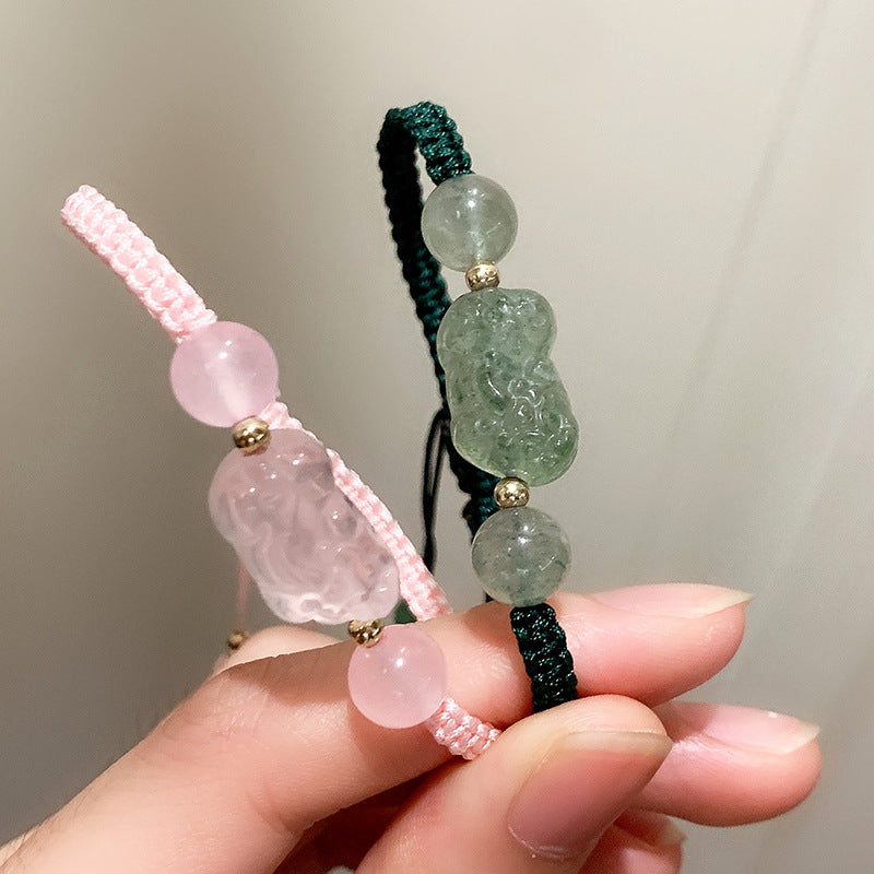 Crystal Green Strawberry Pi Hand Woven Rope Original Life Bracelet